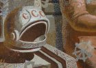 Detail of the painting \"Breakfast Gagarin.\" Levitating pressurized helmet with the inscription of the USSR.